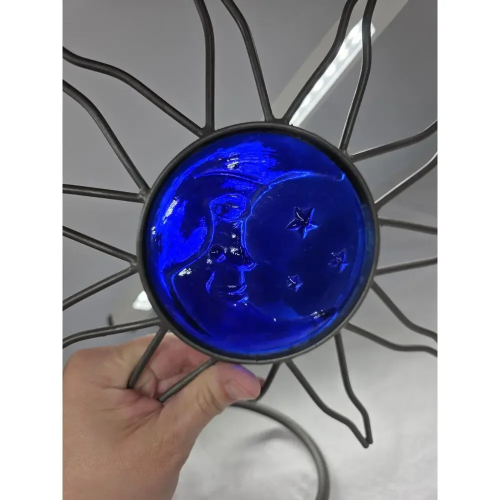 Vintage Blue Cobalt Glass Wrought Iron Candle Holder Celestial Moon Star Sun Sky